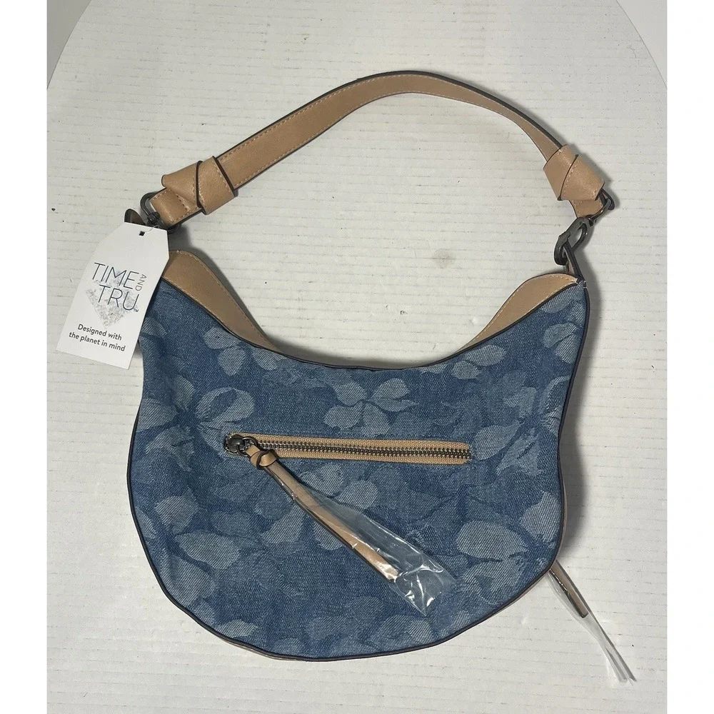 Time and‎ Tru Womens Mid-Size Jacquard Floral Denim Selena Hobo Crossbody
